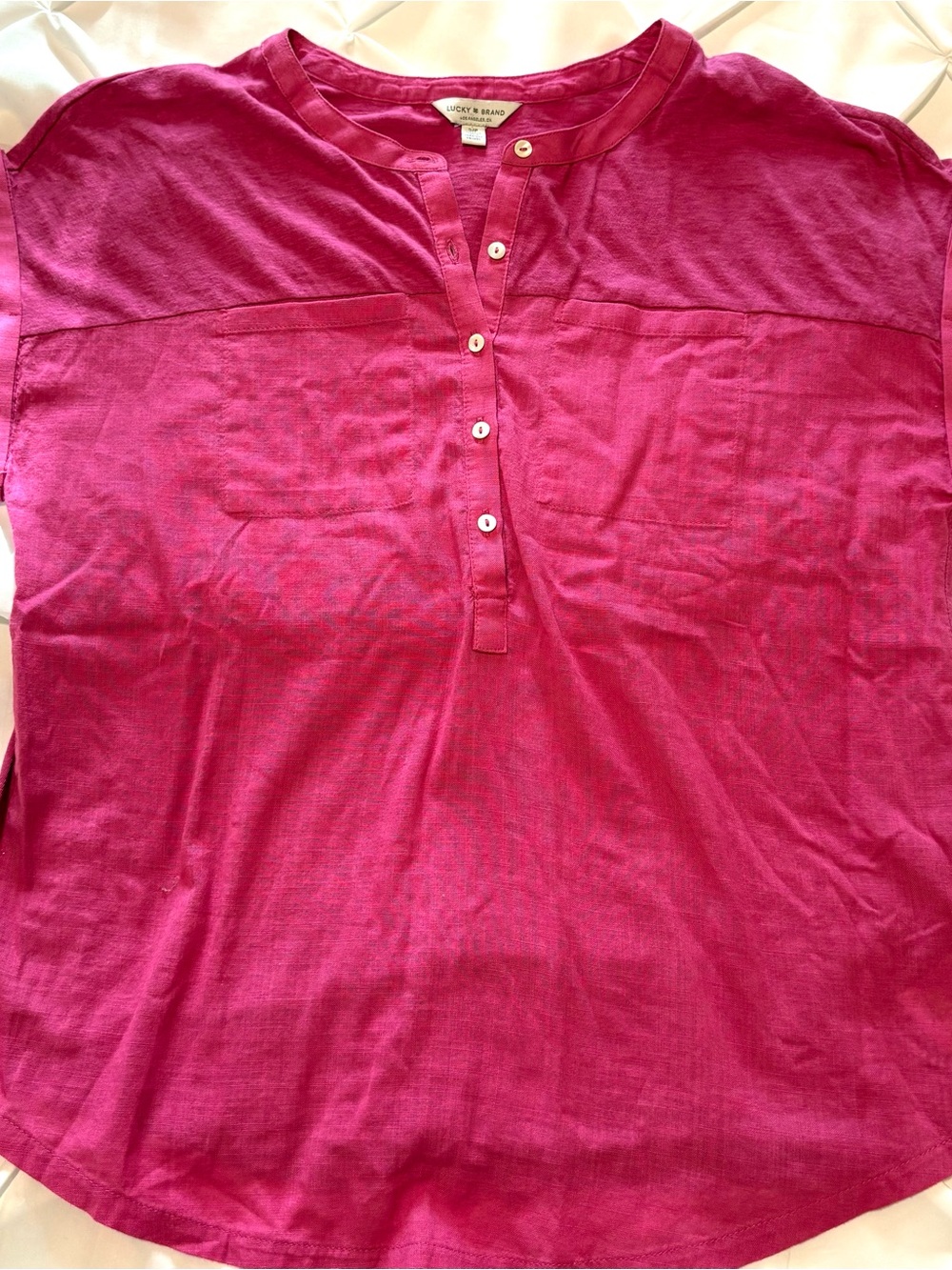 Lucky Brand Women’s Pink Knit Henley Button Top, Short Sleeve Size S